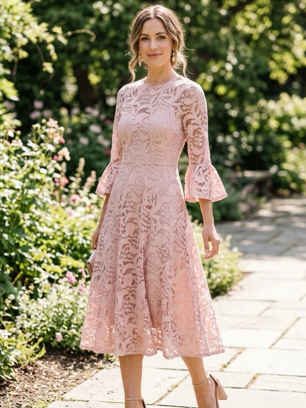 Women's Pink Lace Fit-and-Flare Dress